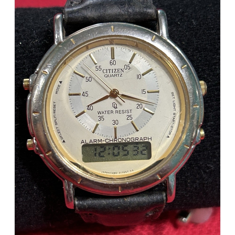 Citizen Quartz Ana-Digi Chronograph Japan Black Leather Strap C480- 313542